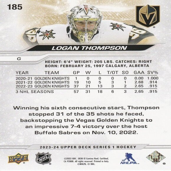 Logan Thompson - 2023/2024 Upper Deck Series 1 Hockey Card - Picture 2 of 2